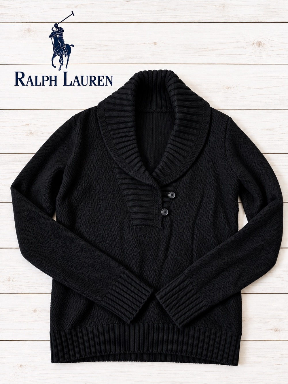 NWT Vintage Ralph Lauren Women's Black Shawl-Collar Button Sweater